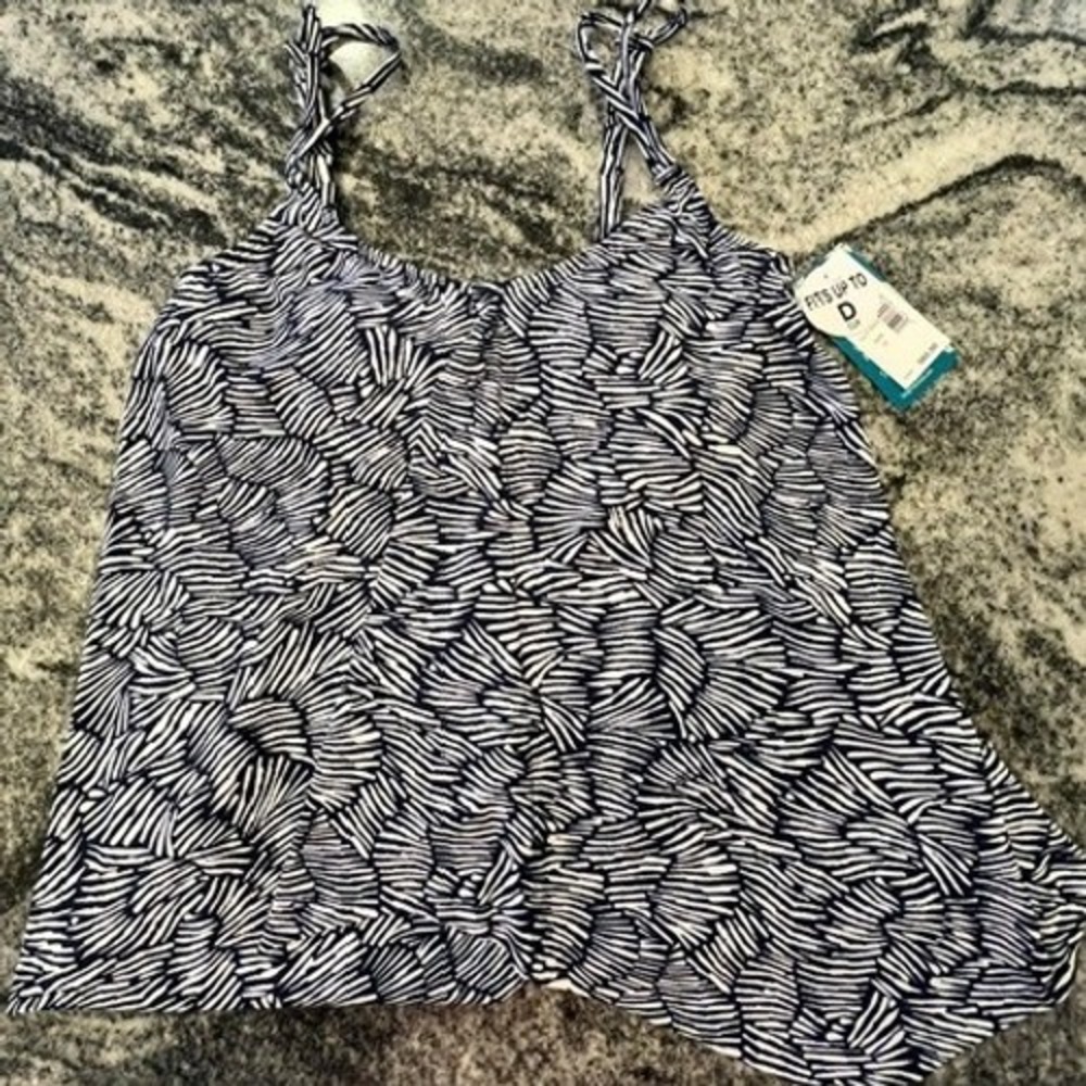 ShapeSolver Tankini Top Women Size 10 Navy White Fan Print D-Cup Adjustable